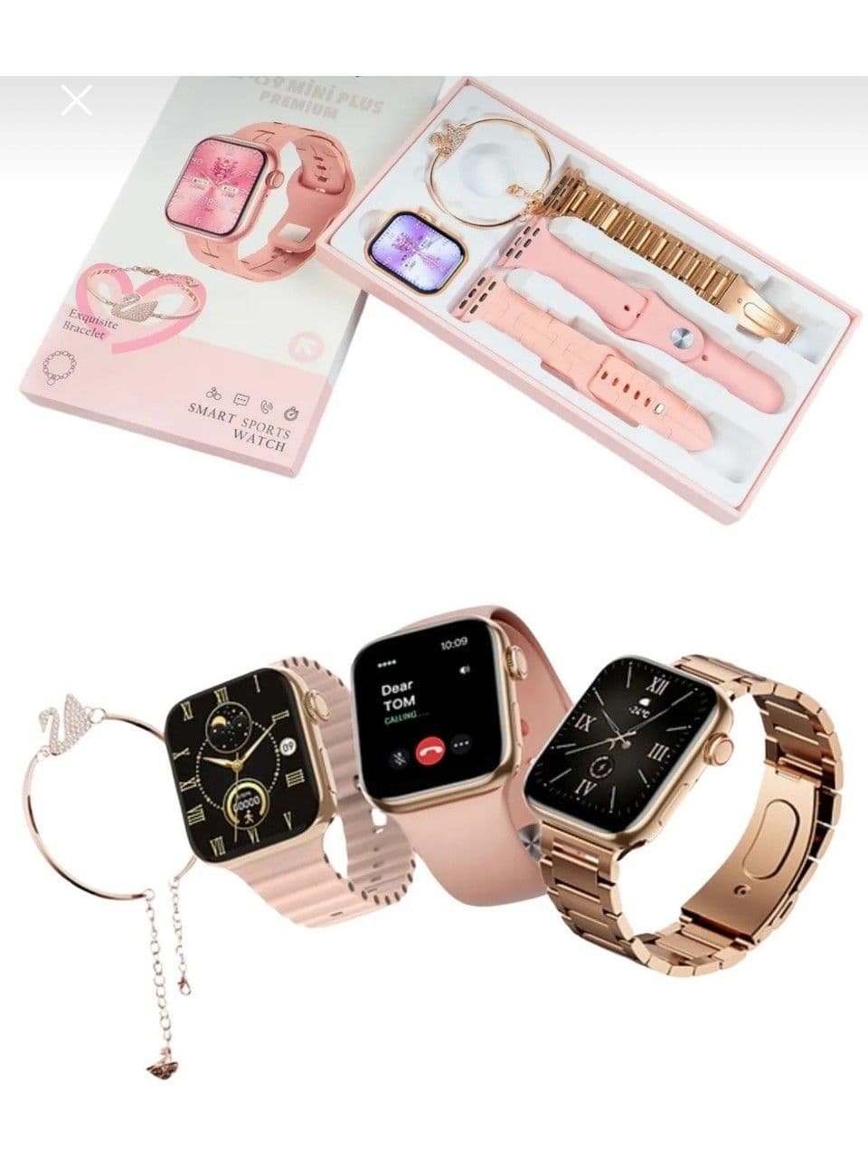 Mini G9 41 mm Gold Rose Kadın Akıllı Saat 3 Kordonlu Kuğu Taşlı Bileklikli Süper Watch