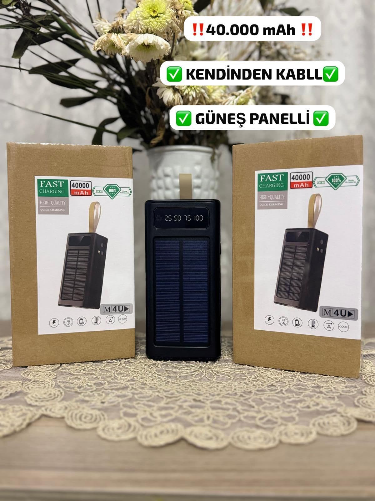 Solar 40.000 Mah Güneş Enerjili Led Işıklı Powerbank Şarj Aleti 4xUsb Çıkış Çoklu Şarj Çıkışı Kablo