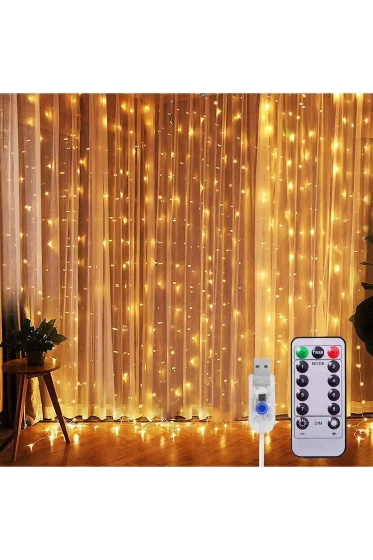 Peri Telli Perde Led Işık 2.5x2.5 Metre 300 Ledli Kumandalı Usb'li 8 Animasyonlu